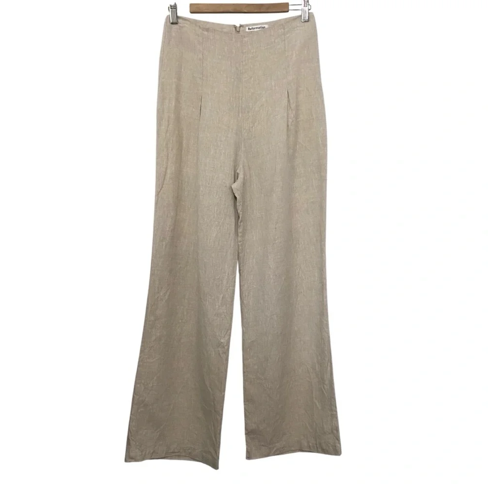 Reformation Cleo Linen Wide Leg Pants Size 8 Oatmeal Neutral Light Tan Pleated